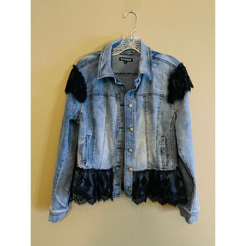 The Pyramid Collection Women's Distressed Jean Jacket Black Lace Size Medium